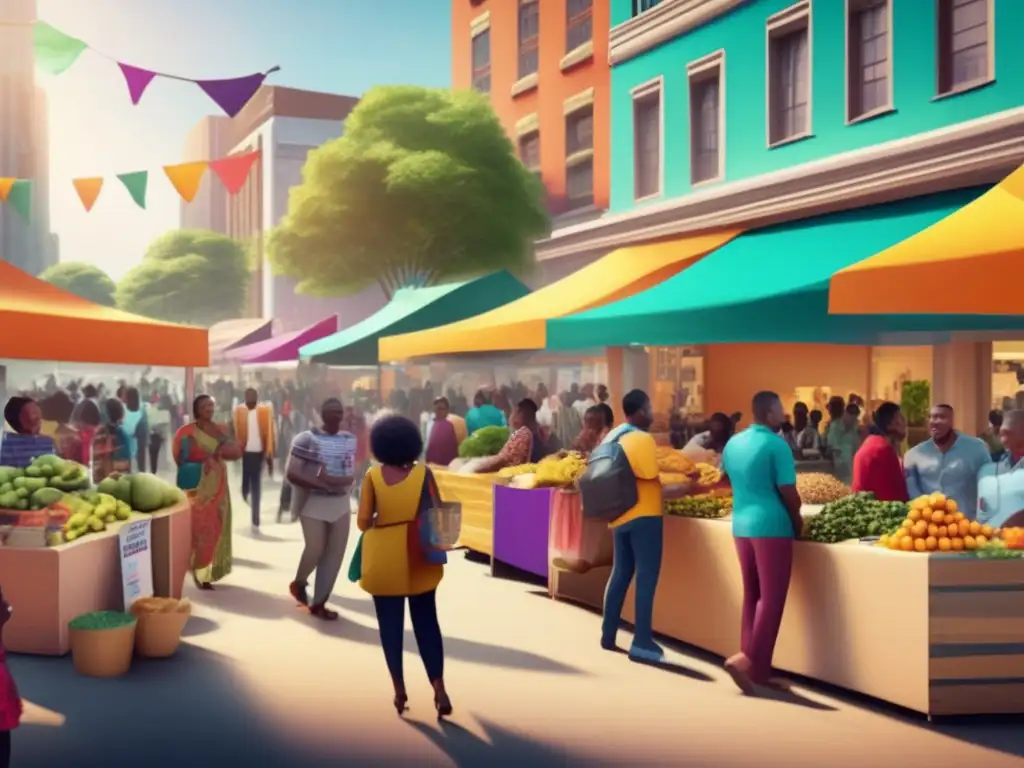 Comunidad vibrante con pequeños préstamos Transformación comunitaria con préstamos pequeños: una imagen vibrante y detallada de una comunidad unida en un entorno urbano moderno