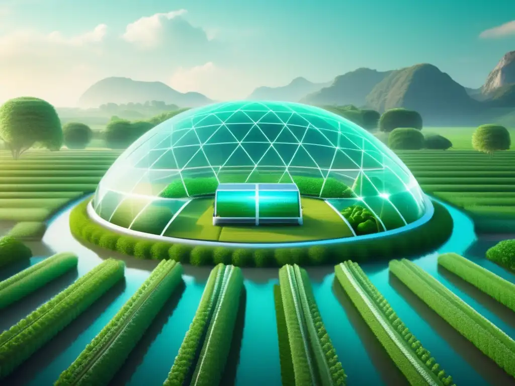 Futuro granja digital con cultivos verdes y tecnología avanzada Concepto de farming en criptomonedas en granja digital futurista