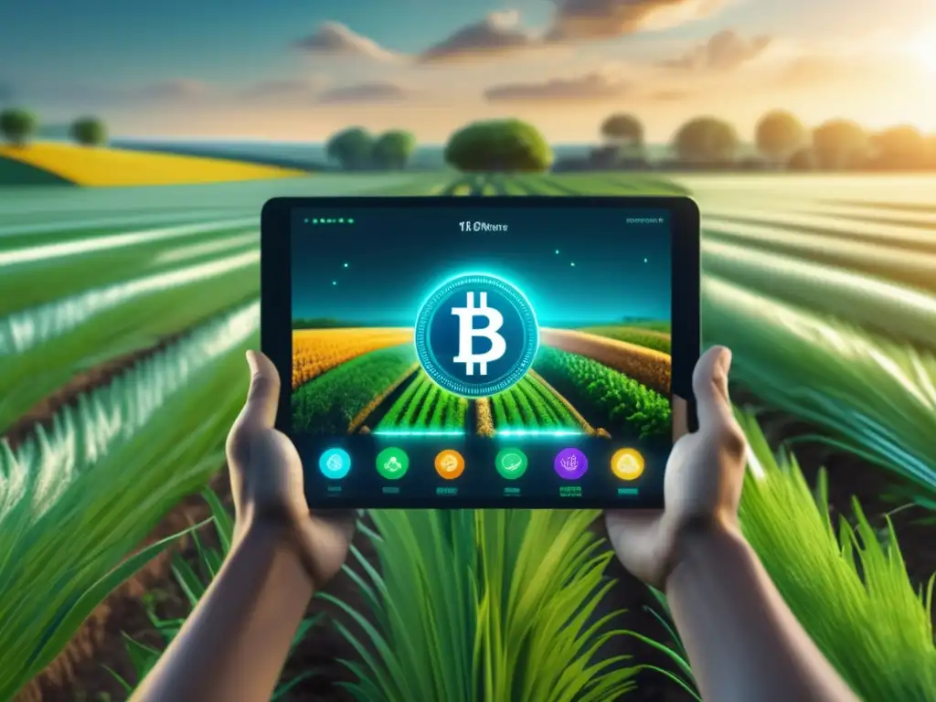 Futuro criptográfico y agricultura Concepto de farming en criptomonedas: paisaje digital y agrícola en armonía