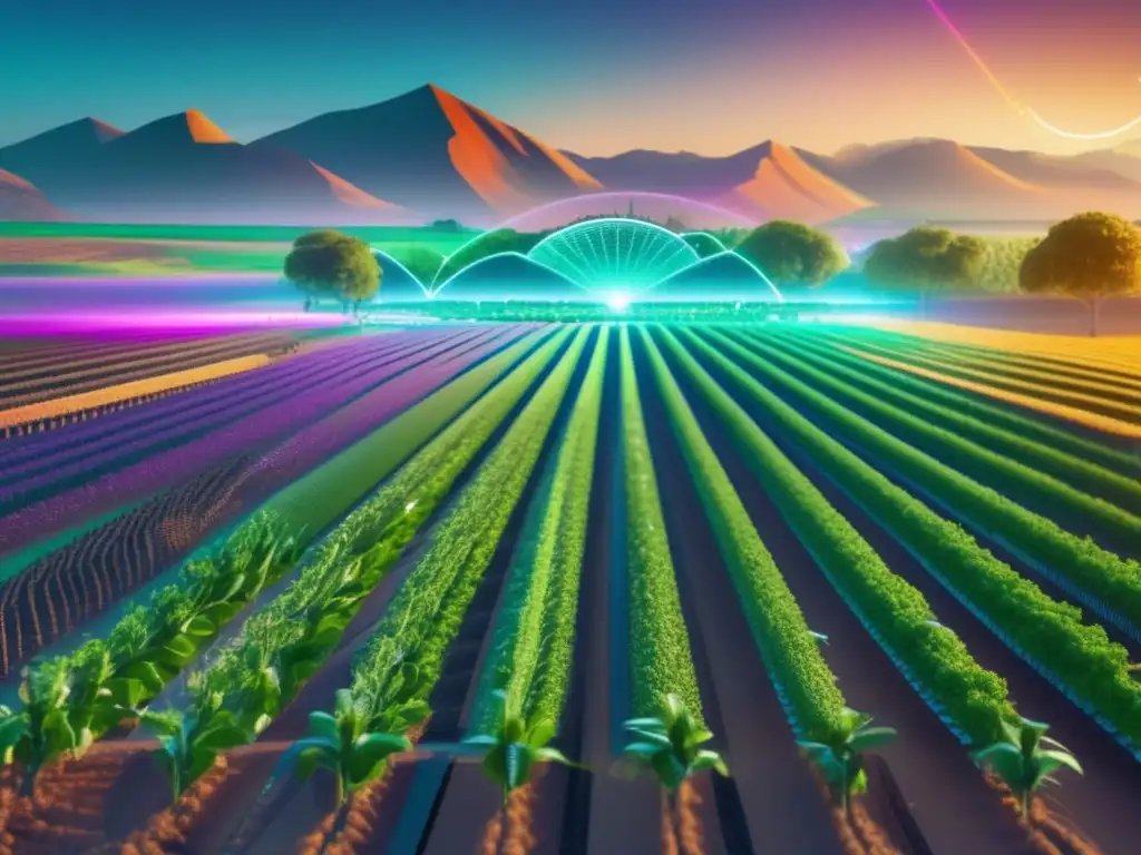 Futuro de la agricultura digital Concepto de farming en criptomonedas en un paisaje digital futurista de cultivos virtuales y tecnología avanzada