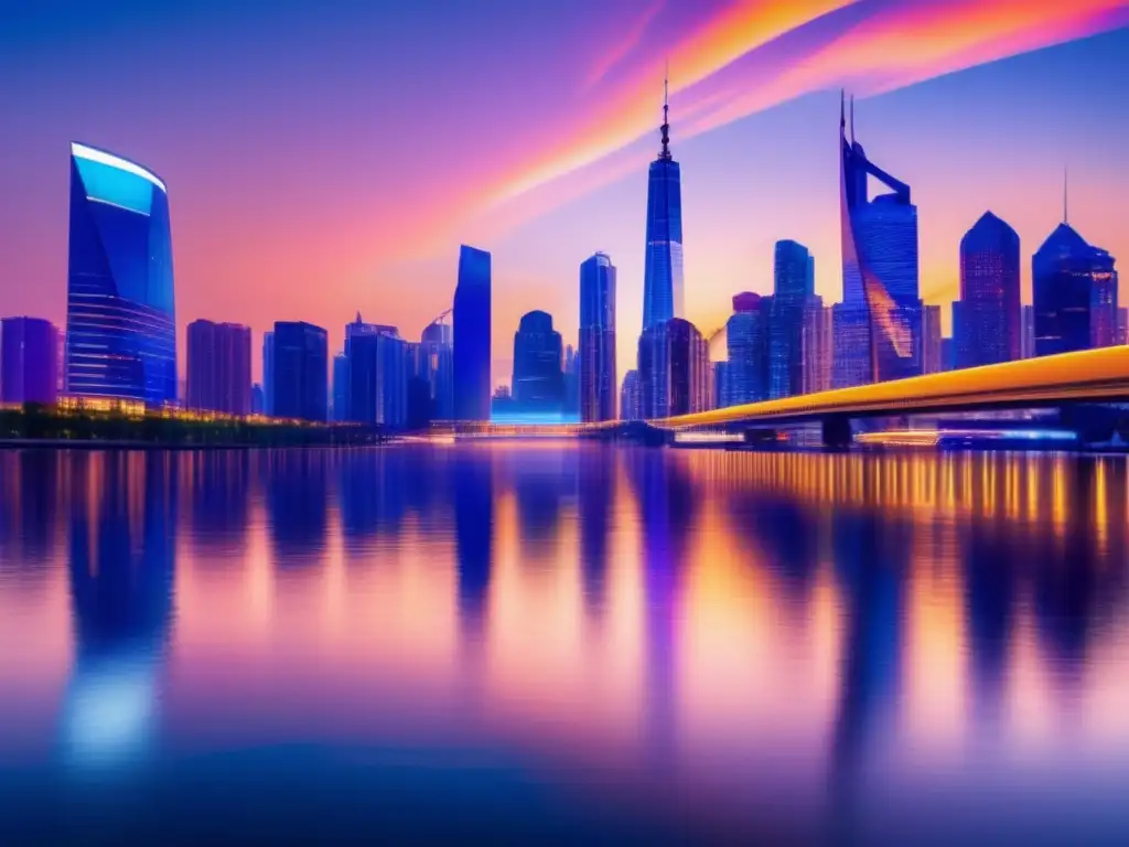 Ciudad futurista iluminada en la noche Invertir con conciencia en política monetaria en una ciudad moderna al anochecer con rascacielos iluminados