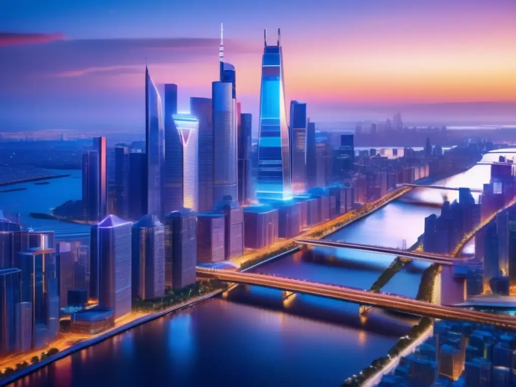 Ciudad futurista al anochecer con rascacielos iluminados Invertir con conciencia en política monetaria: ciudad futurista con rascacielos iluminados y oportunidades sostenibles
