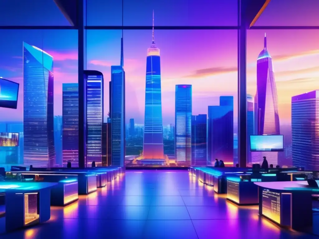 Futuro financiero: inversión y política monetaria Invertir con conciencia en política monetaria: Ciudad futurista con rascacielos, pantallas de datos financieros y profesionales debatiendo