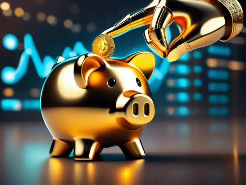 Un brazo robótico futurista sostiene una alcancía dorada Roboadvisors confiables para seguridad financiera: brazo robótico sosteniendo una alcancía dorada