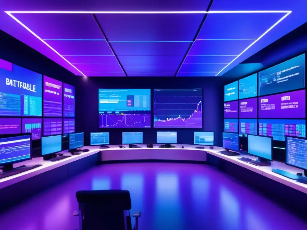 Futuro trading floor con tecnología avanzada Configuración óptima de bots day traders en un futurista y detallado trading floor con tecnología vanguardista
