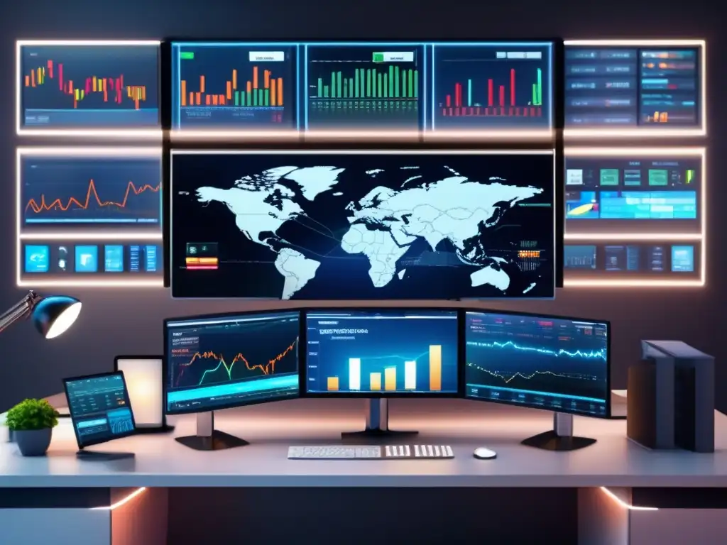 Trading desk moderno y eficiente Configuración óptima de bots day traders en un moderno y elegante setup de trading con un monitor 8k y múltiples pantallas financieras