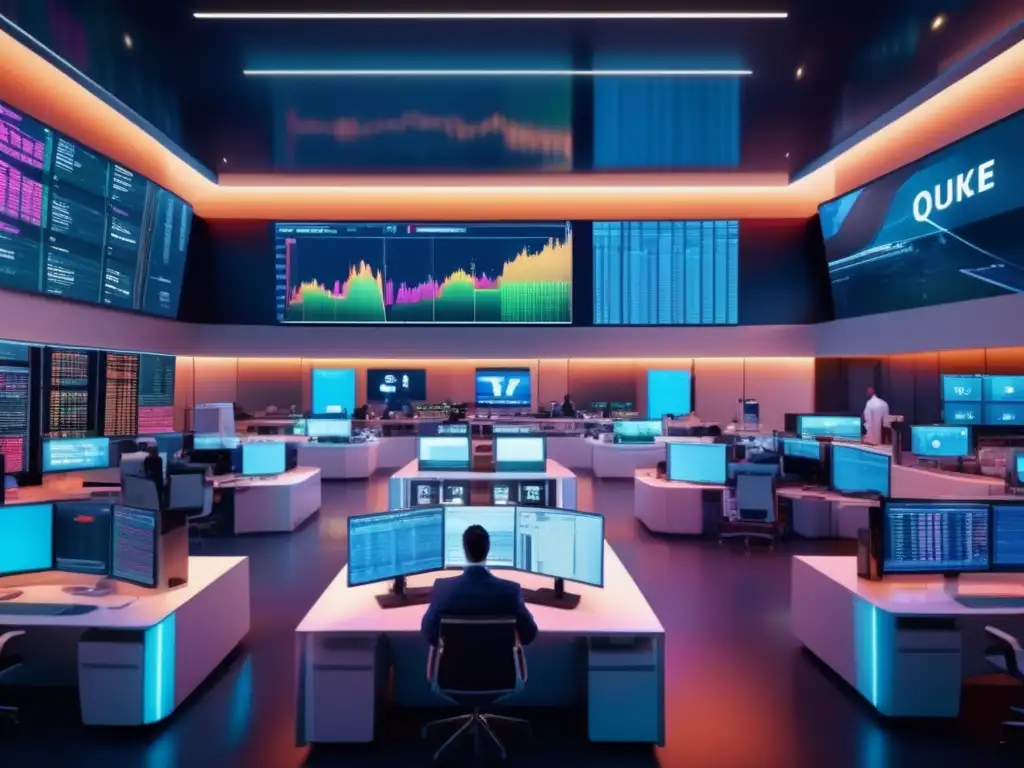 Traders en sala ultramoderna Configuración óptima de bots day traders en sala de trading futurista y sofisticada con pantalla 8k, datos en tiempo real y vista panorámica