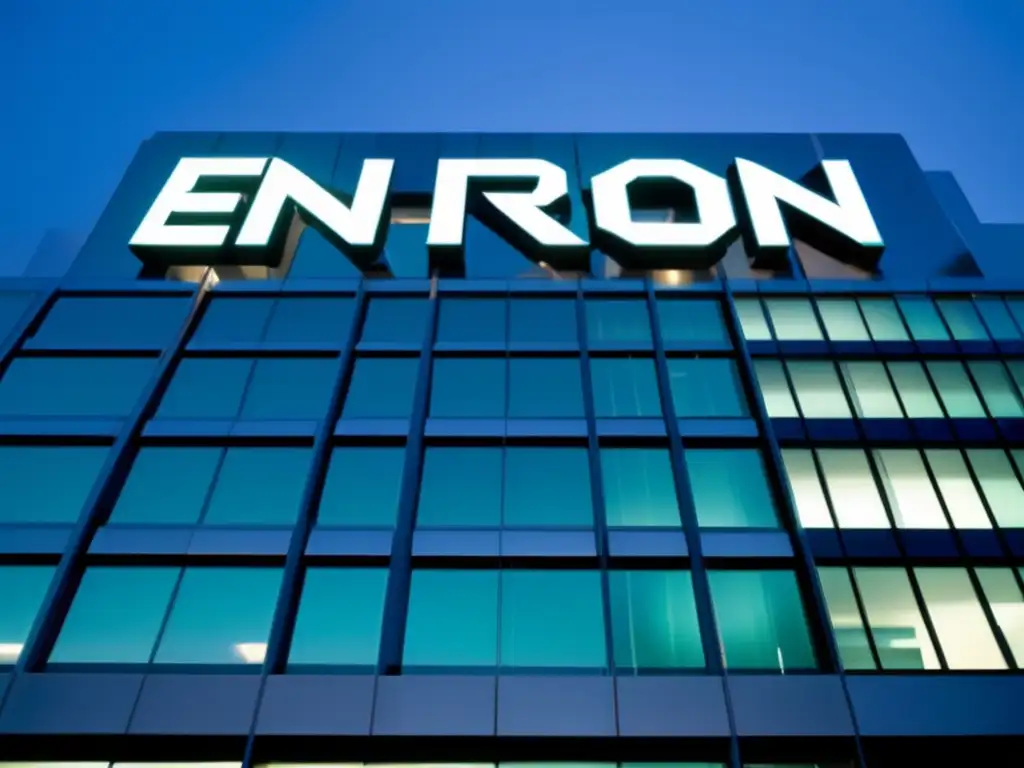 Edificio corporativo de Enron en atardecer Consecuencias del error Enron en inversiones: Oficina corporativa de Enron al atardecer, con logo en fachada