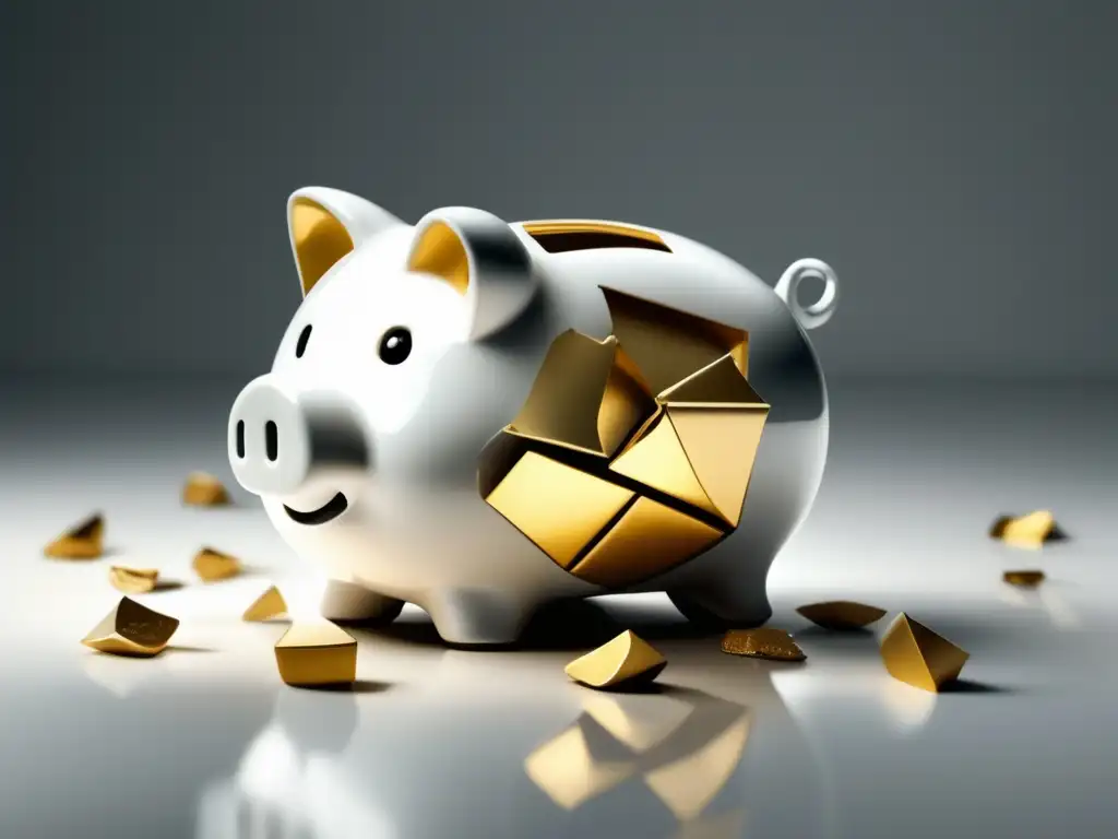 Piggy bank shattered: Enron scandal Consecuencias del error Enron en inversiones: piggy bank de cristal roto, reflejando fragmentos dorados y simbolizando confianza y inversión perdida