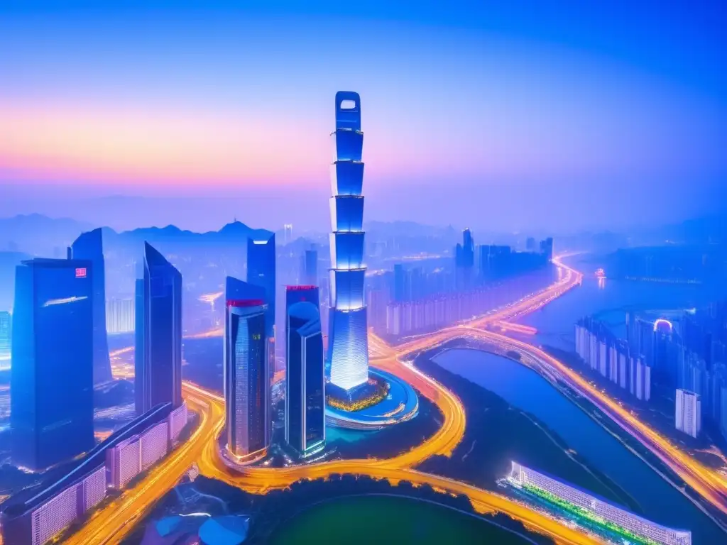 Moderna ciudad china al atardecer Consejos inversión en China: ciudad moderna al atardecer, vibrante iluminación, rascacielos destacados, reflejo de oportunidades económicas