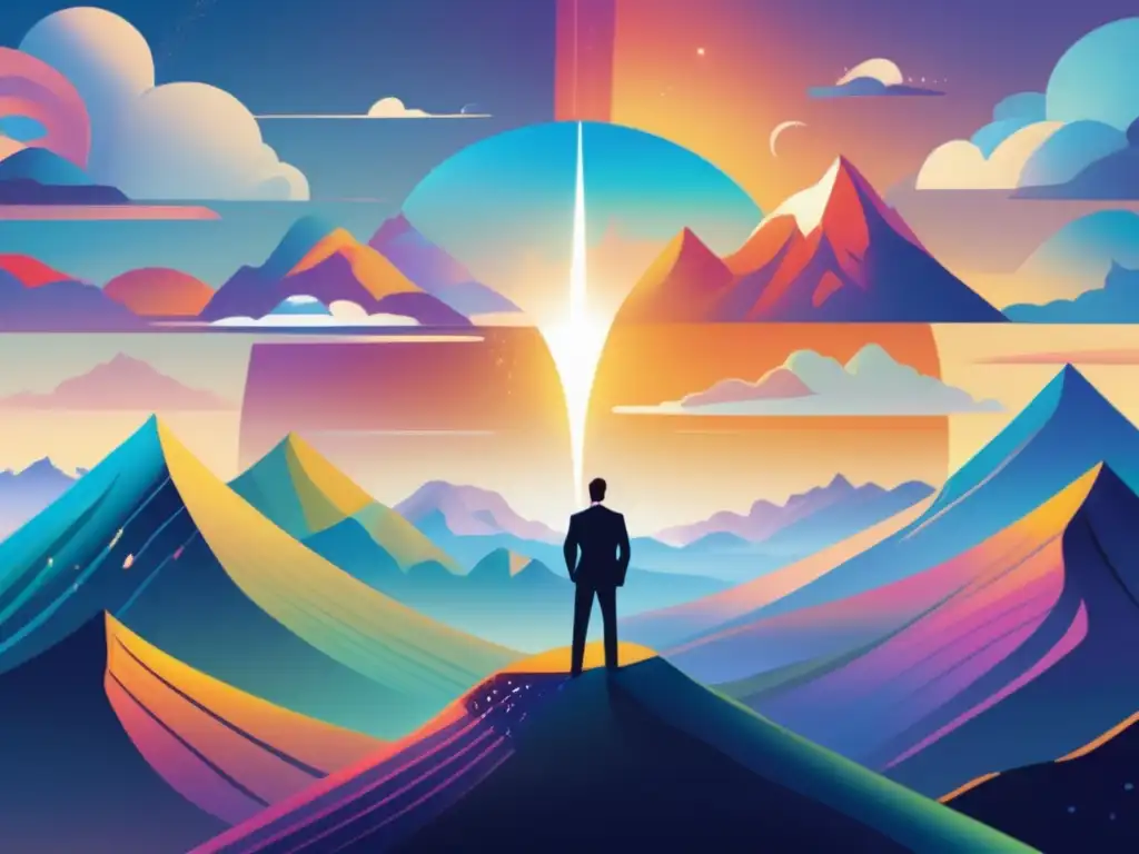 Persona en montaña y paisaje financiero Consejos para mantener cordura financiera: persona en montaña con paisaje financiero y emociones representadas como luces