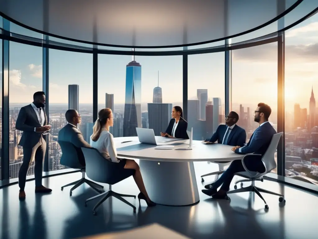 Oficina moderna con ventanales panorámicos y profesionales en discusión Consejos fiscales para inversiones inmobiliarias en moderna oficina con vista panorámica a la ciudad