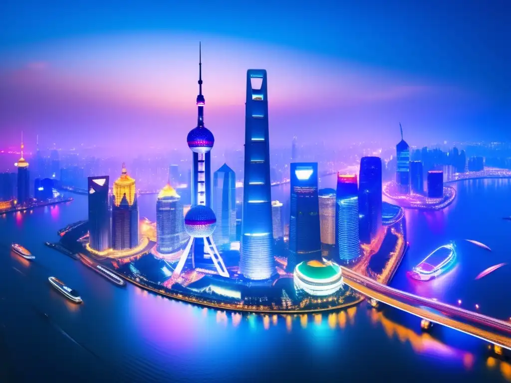 Shanghai: Skyline vibrante y futurista Consejos para inversión en China: Imagen detallada de una bulliciosa zona financiera en Shanghai, con rascacielos iluminados y arquitectura futurista