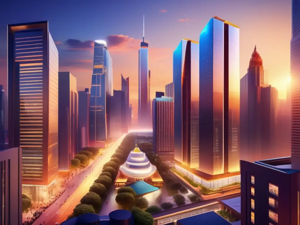 Ciudad moderna en atardecer Consejos inversión propiedades comerciales, ciudad vibrante y moderna en el atardecer con rascacielos iluminados y diseño contemporáneo