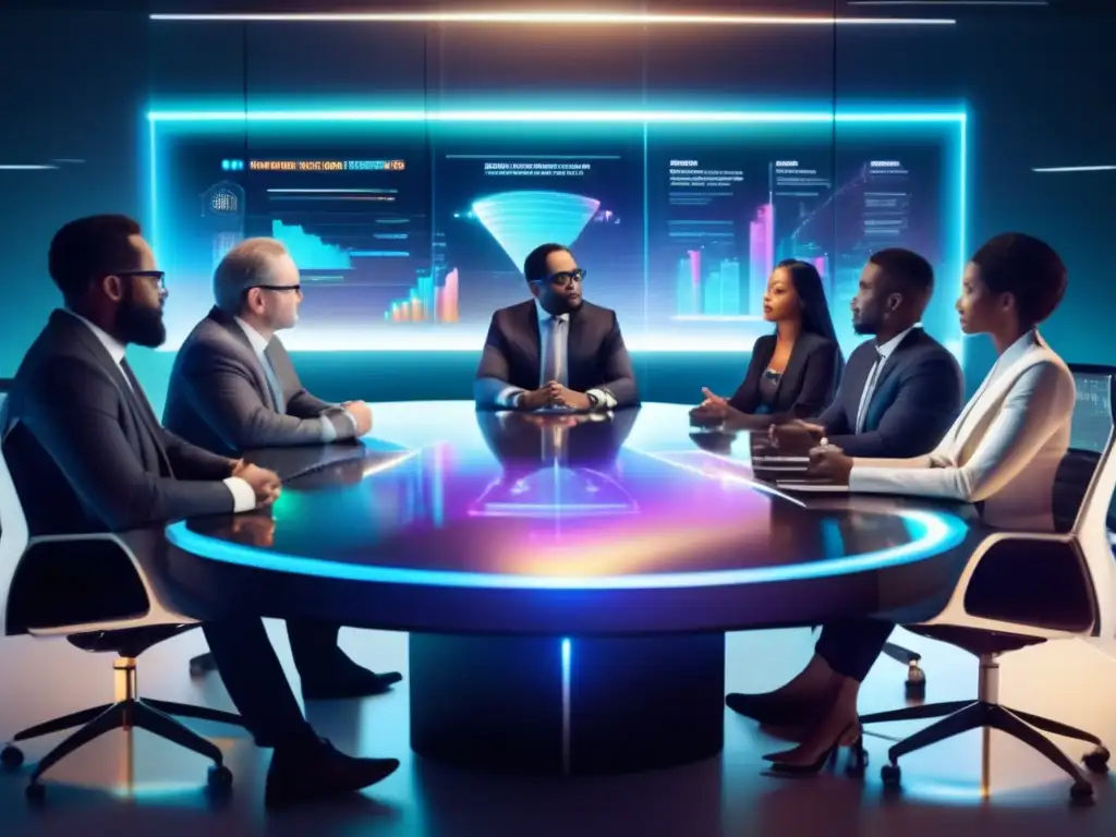 Inversionistas diversificados en mesa futurista Consejos inversor éxito campaña crowdfunding: grupo diverso de inversores discutiendo en una mesa futurista iluminada con gráficos holográficos