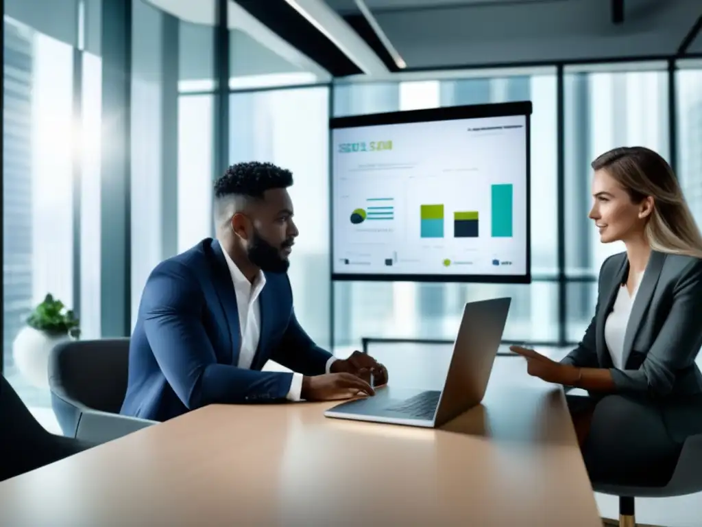 Oficina moderna con pareja colaborando Consejos invertir en pareja - Oficina moderna, colaboración, confianza, gráficos, estrategias