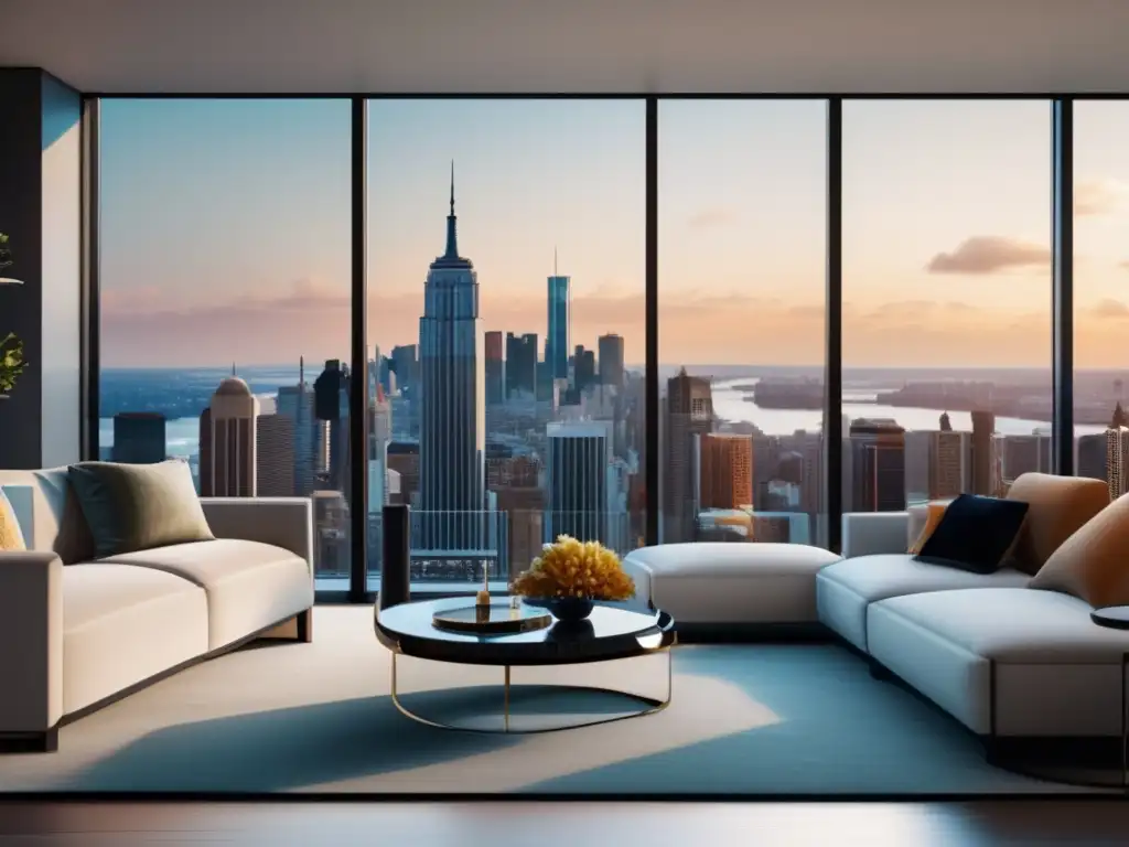 Lujoso salón con vistas a la ciudad Consejos para invertir en pareja: Sala de estar moderna y elegante con vistas impresionantes a la ciudad en imagen 8k