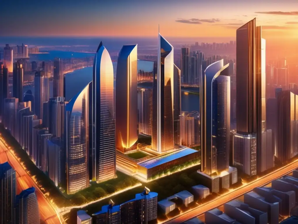 Ciudad moderna con rascacielos y lujo Consejos para invertir en propiedades: Ciudad moderna con rascacielos, residencias lujosas y atardecer dorado
