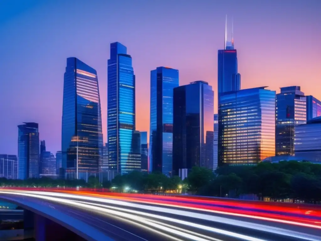 Ciudad moderna al atardecer Consejos para invertir en propiedades: Ciudad moderna al atardecer con edificios de vidrio y luces vibrantes