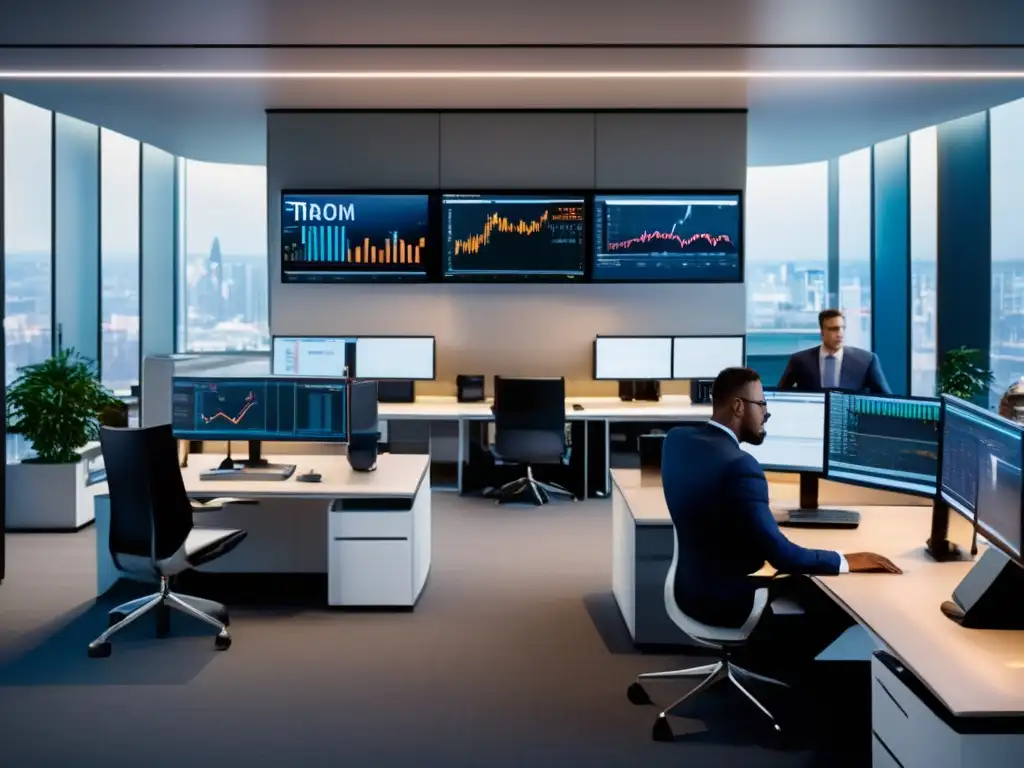 Trader's floor: Modern office with state-of-the-art technology Consejos gestión riesgos trading diario en moderna sala de trading con oficinas acristaladas y tecnología avanzada