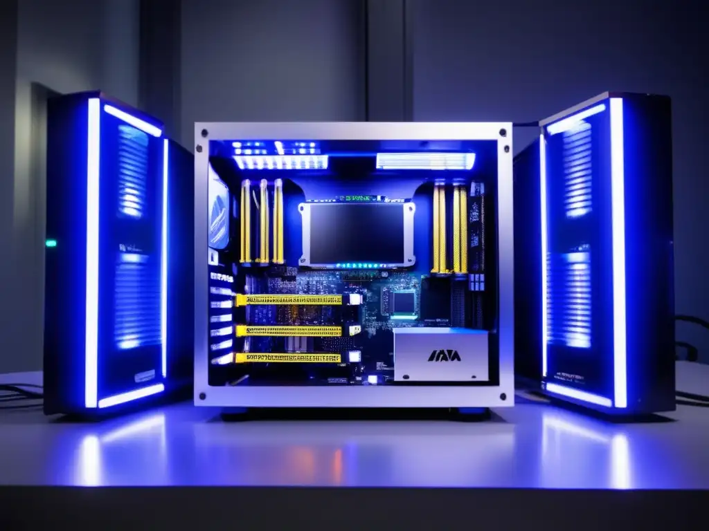 Máquina minera de alta tecnología Consejos para optimizar tu RIG de minería: imagen impactante de una moderna plataforma minera con componentes metálicos y luces LED vibrantes