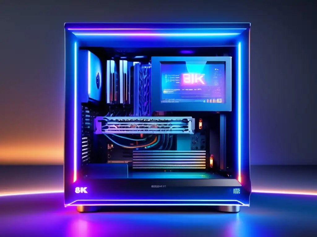 Rig de computadora futurista protegido por escudo energético Consejos para optimizar tu RIG de minería rodeado de escudo protector, resalta su diseño moderno y componentes poderosos