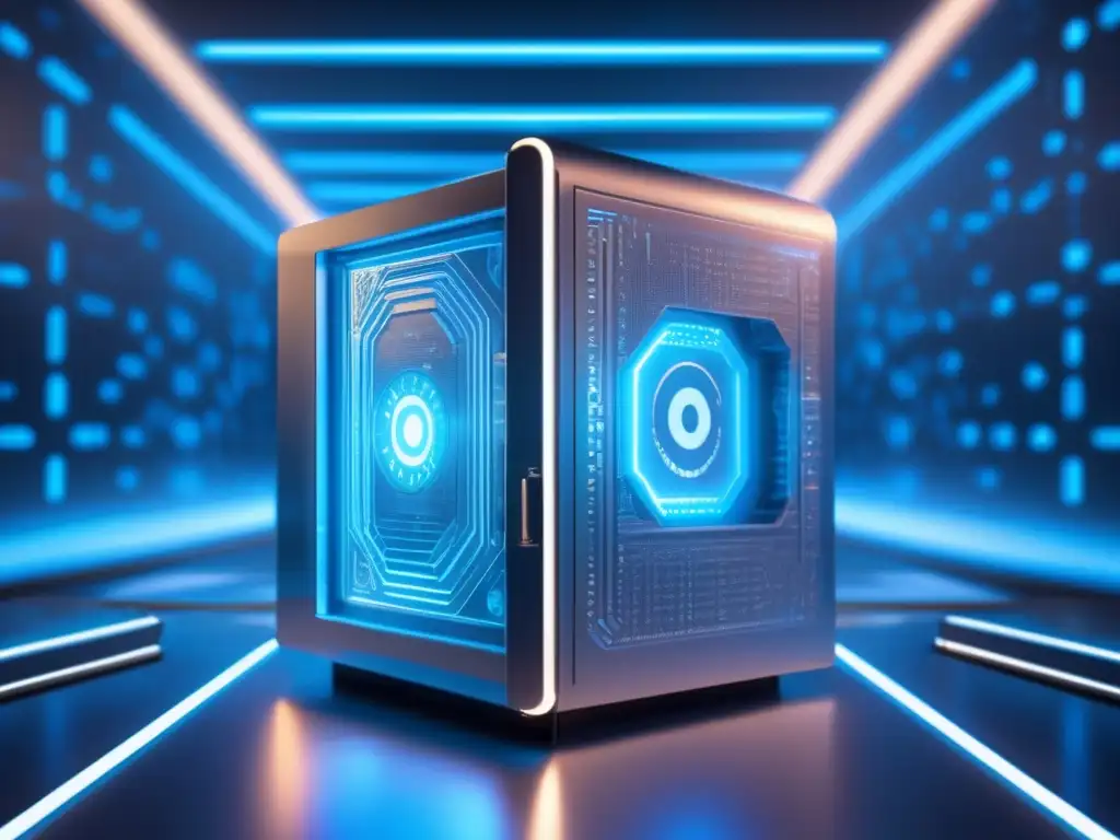 Futuro digital seguro y sofisticado Consejos seguridad criptomonedas invertir: Imagen de bóveda digital futurista, iluminada en azul suave, con paneles metálicos y patrones grabados