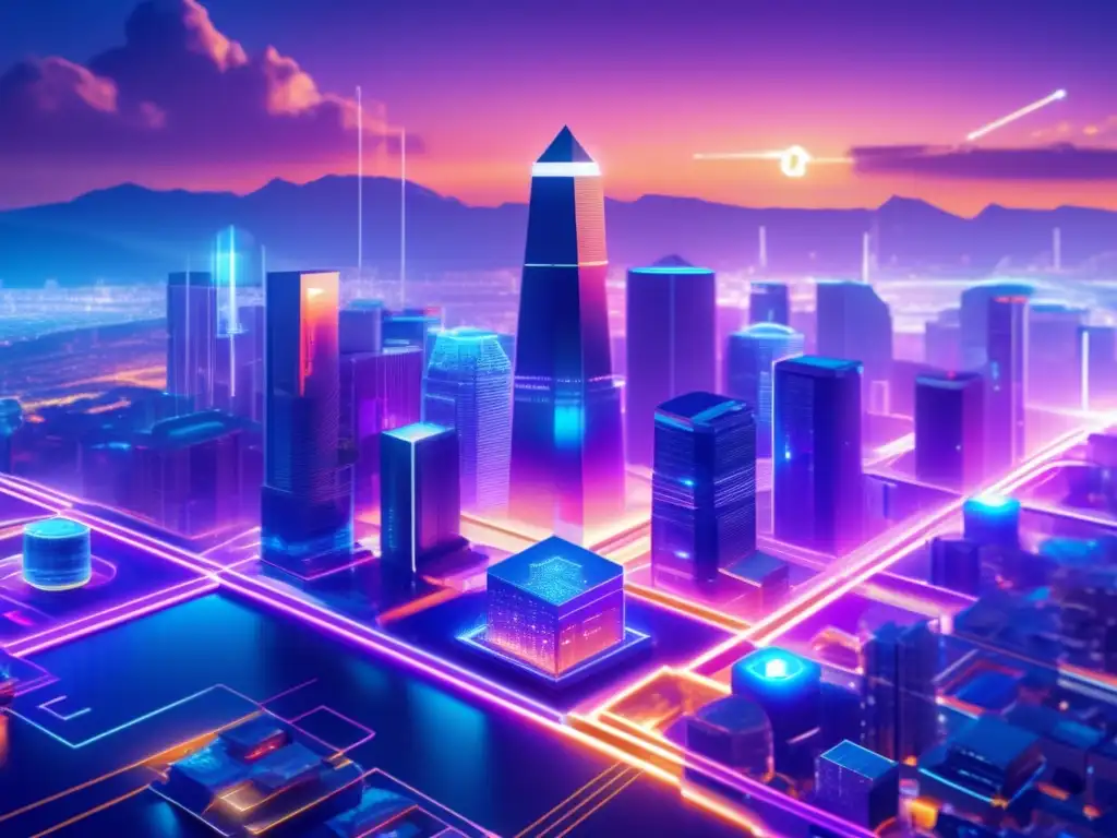 Consenso descentralizado en criptomonedas Evolución consenso criptomonedas: ciudad futurista, nodos interconectados, avances tecnológicos