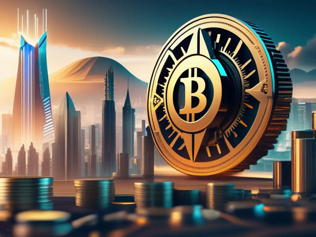 Evolución de consensos en criptomonedas Evolución consenso criptomonedas: imagen 8k detallada de paisaje futurista con mecanismos PoW y PoS