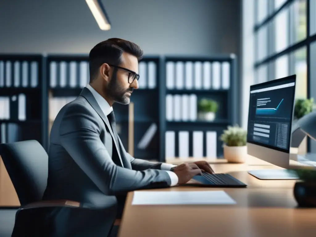 Contador profesional en oficina moderna Contador profesional analizando datos financieros en una oficina moderna