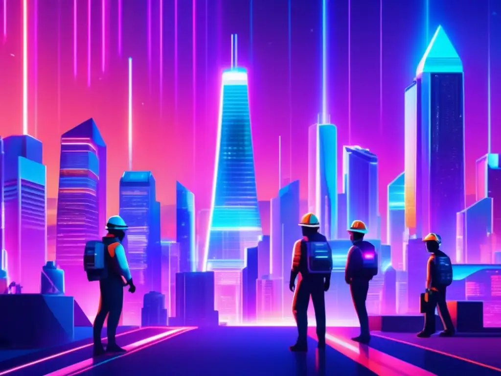 Futurista ciudad con rascacielos y mineros de criptomonedas Contratos minería criptomonedas funcionamiento: Futurista ciudad con rascacielos, neones y mineros tecnológicos
