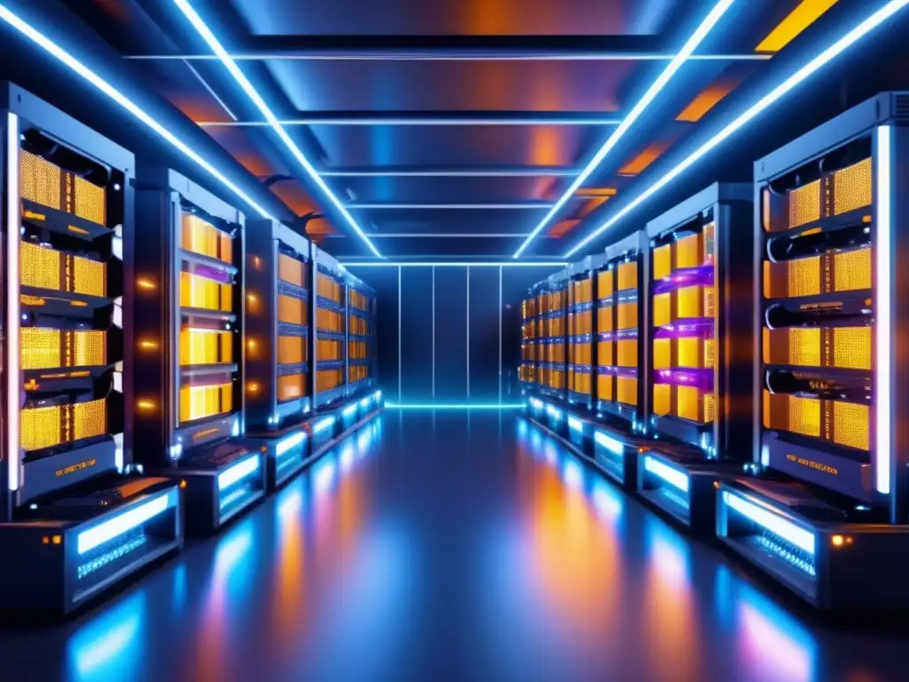 Moderna granja minera de criptomonedas con equipos de alto rendimiento Contratos minería criptomonedas funcionamiento: Granja minera 8K detallada con equipos de alto rendimiento, tecnología avanzada y eficiencia