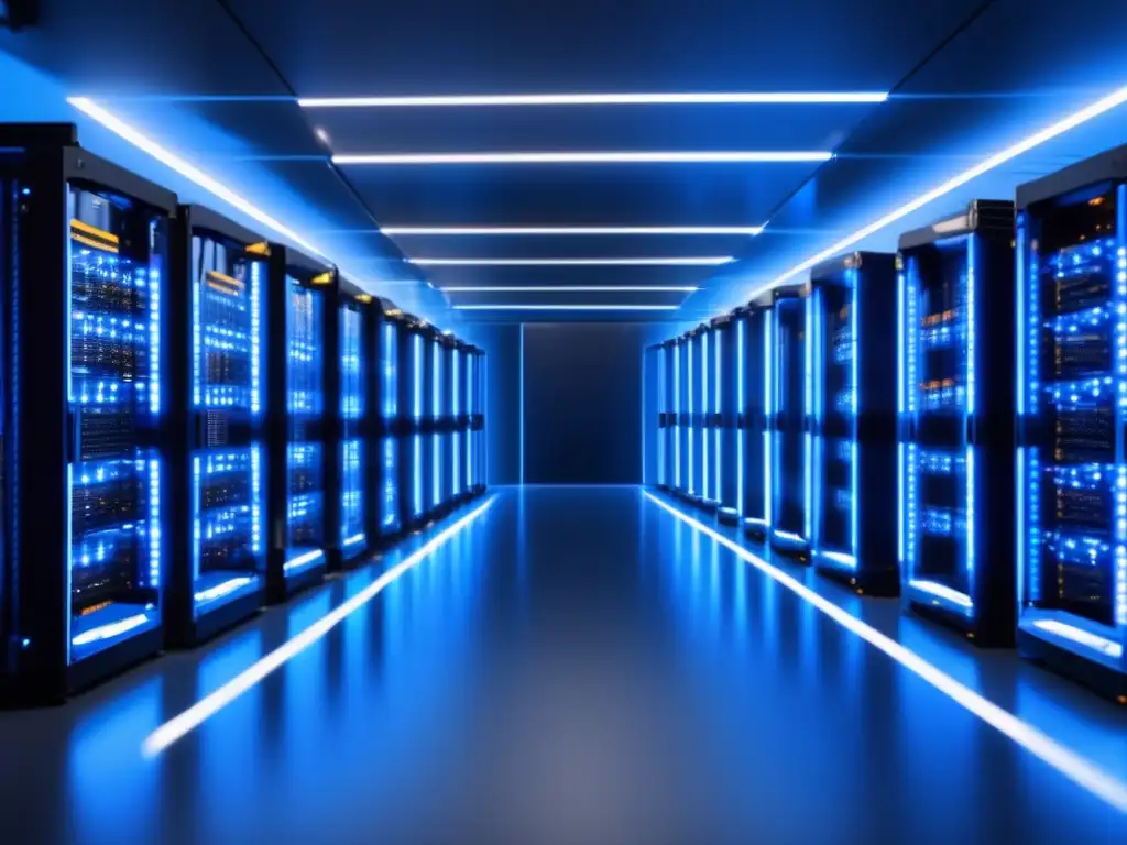 Sala de servidores con equipos de minería modernos Contratos minería criptomonedas funcionamiento: sala servidores moderna, rigs mineros potentes, tecnología avanzada y eficiencia