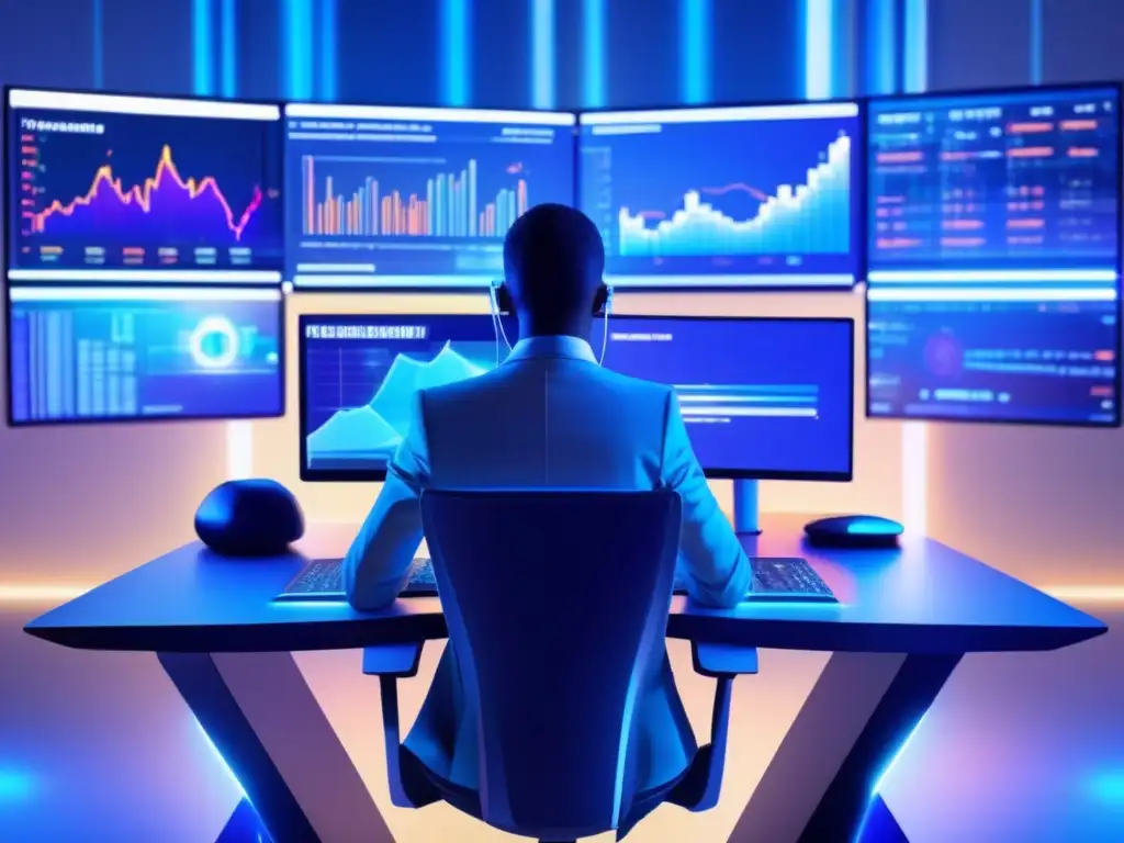 Oficina futurista con tecnología avanzada Control de inversiones automatizadas en un entorno futurista y tecnológico