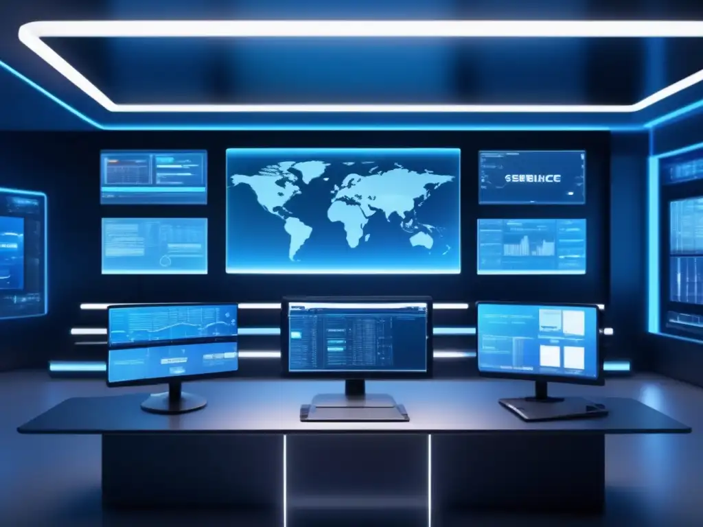 Control de vigilancia futurista- Control de vigilancia y tecnología avanzada en sala de control para monitoreo de cuentas de inversión y actividades sospechosas
