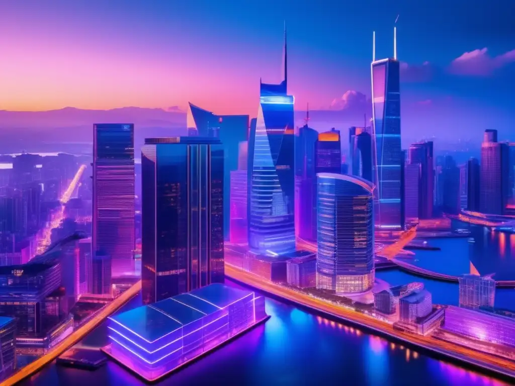 Impresionante ciudad de noche Convenios para evitar doble imposición inversiones - Ciudad nocturna, rascacielos iluminados, gráficos bursátiles y símbolos monetarios