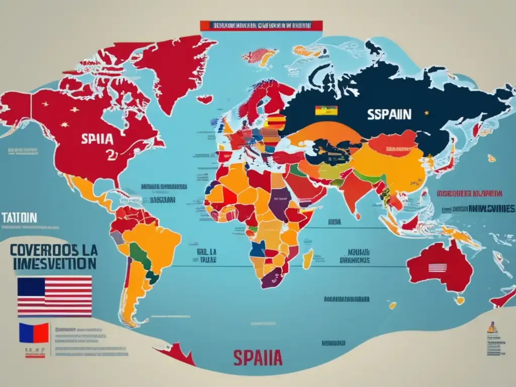 Mapa de acuerdos fiscales internacionales Convenios evitar doble imposición en inversiones: mapa mundial que destaca España y países con acuerdos, simbolizando la cooperación internacional