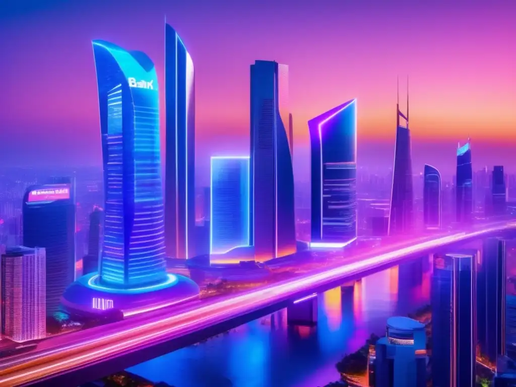 Futuro urbano tecnológico con transacciones financieras Convergencia Fintech Ecommerce Futuro: Ciudad futurista con rascacielos, luminosos digitales, banco moderno y tecnología avanzada