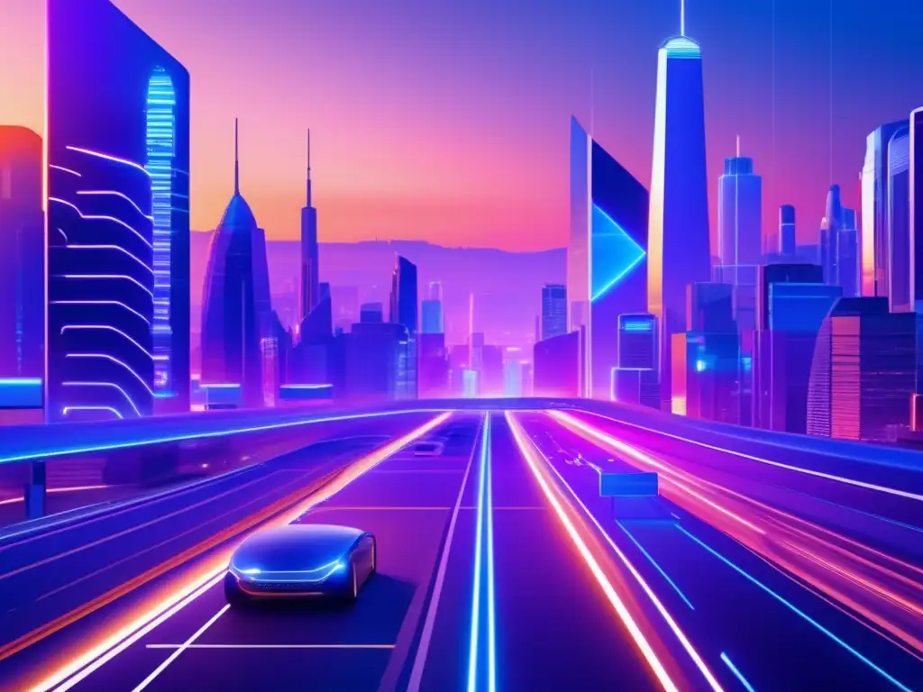 Futuro cityscape fintech ecommerce Convergencia Fintech Ecommerce Futuro: Ciudad futurista con arquitectura y tecnología, rascacielos luminosos y calles conectadas