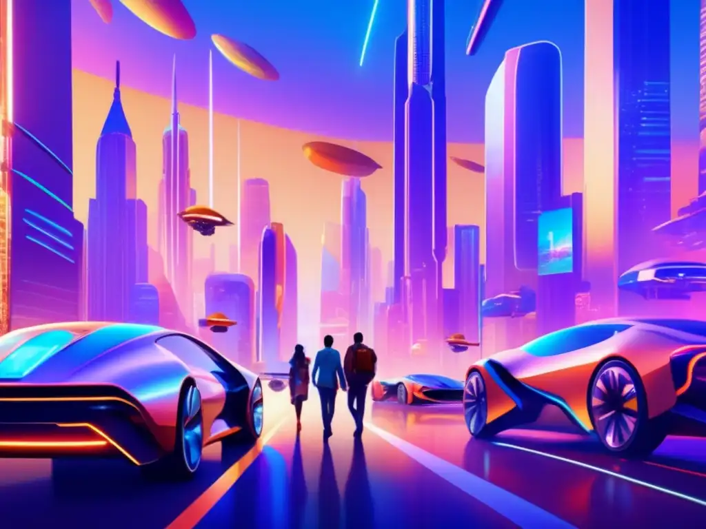 Futuro de fintech y ecommerce Convergencia Fintech Ecommerce Futuro: Futurista ciudad con rascacielos, tecnología avanzada y personas utilizando fintech y ecommerce