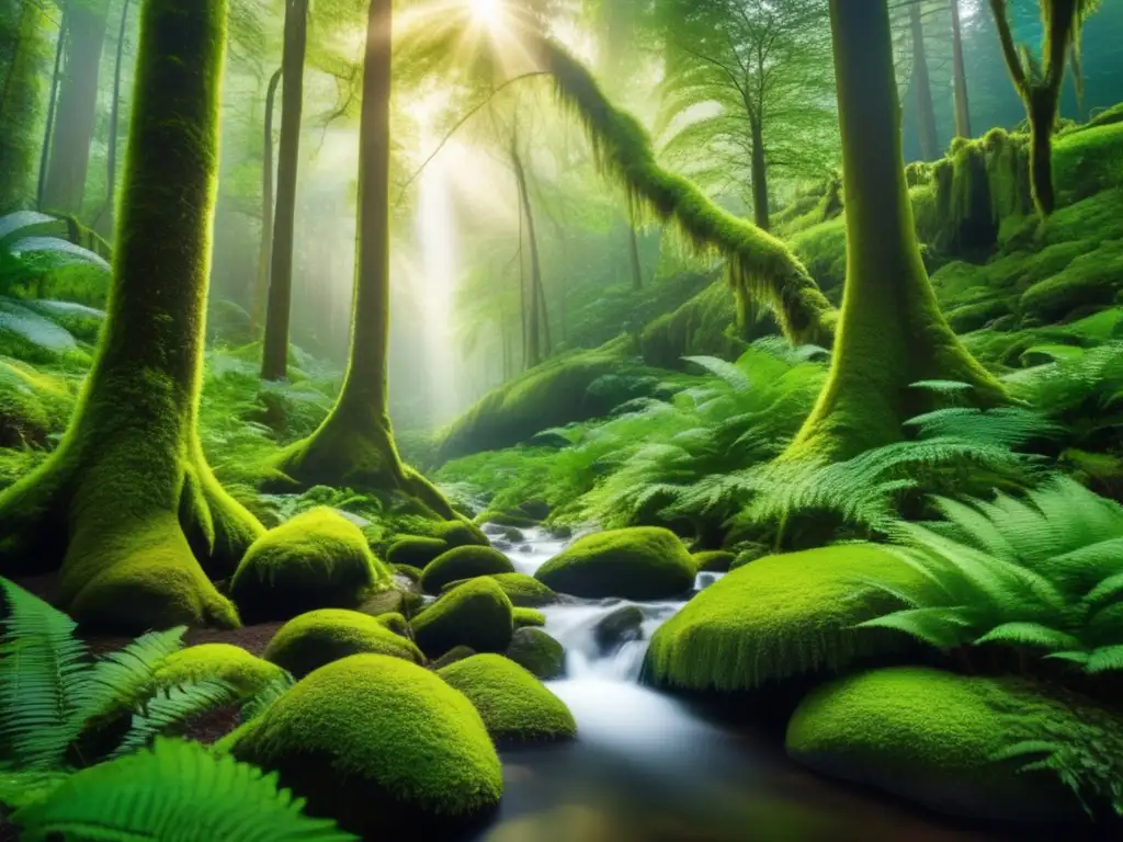 Bosque verde exuberante con árboles altos Crecimiento mercado bonos verdes: imagen bosque verde exuberante con árboles altos y vibrantes, rayos de sol, arroyo cristalino y armonía natural