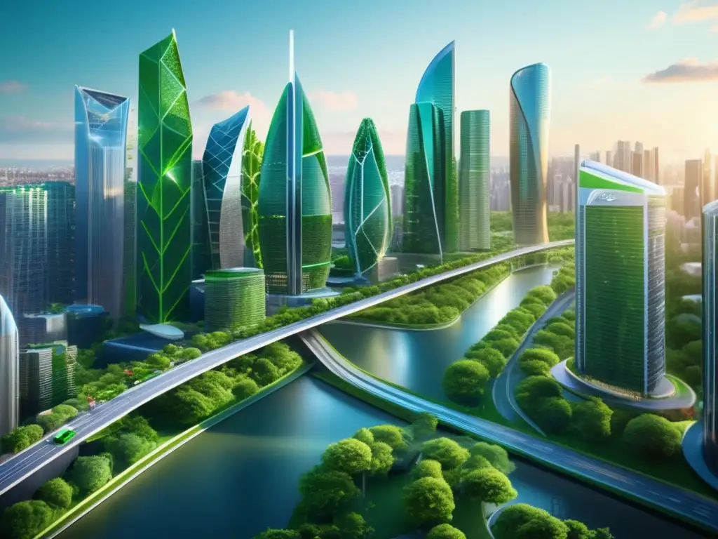 Inversión sostenible y crecimiento verde Crecimiento mercado bonos verdes: Ciudad futurista sostenible con edificios verdes, energía renovable, movilidad ecoamigable y actividades ecológicas