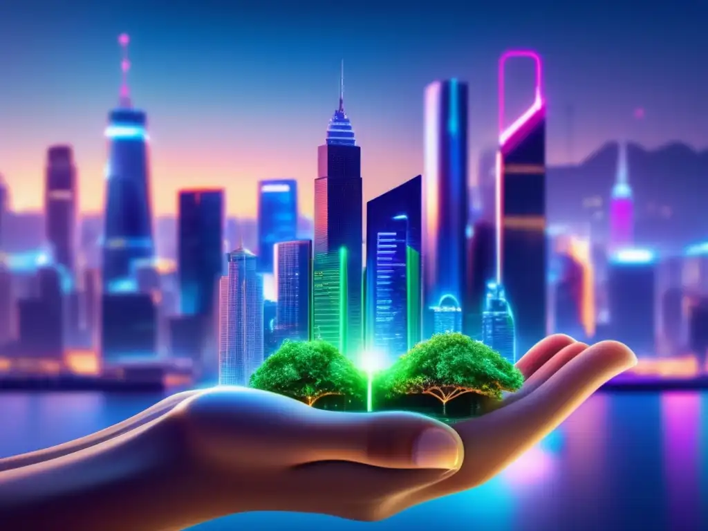 Metrópolis en crecimiento: macroeconomía y microfinanzas Crecimiento y potencial de microfinanzas en una ciudad globalizada con rascacielos iluminados y una mano sosteniendo una planta