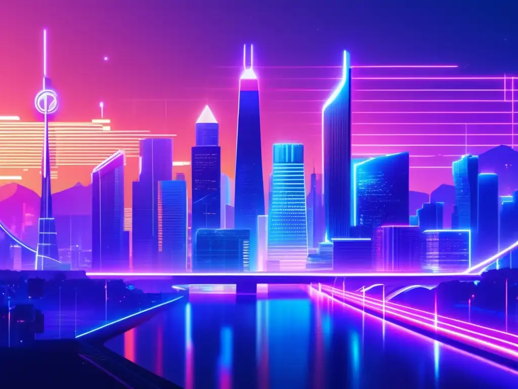 Paisaje futurista con criptomonedas Cripto ciudad con rascacielos de criptomonedas, puentes y persona con tablet