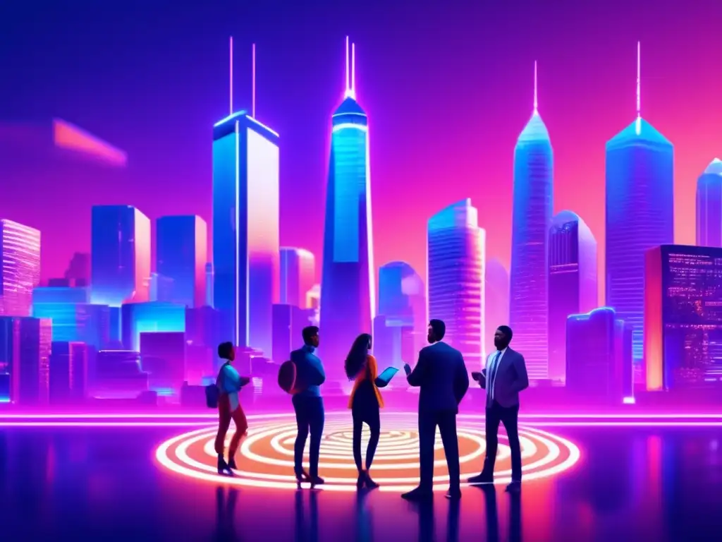 Futuro de las criptomonedas y regulación Cripto debate: Futurista paisaje digital con rascacielos de símbolos criptográficos, reflejados en luces de neón