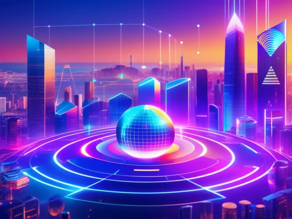 Paisaje digital futurista con criptomonedas Cripto yield farming: Futurista paisaje digital con criptomonedas interconectadas en redes luminosas