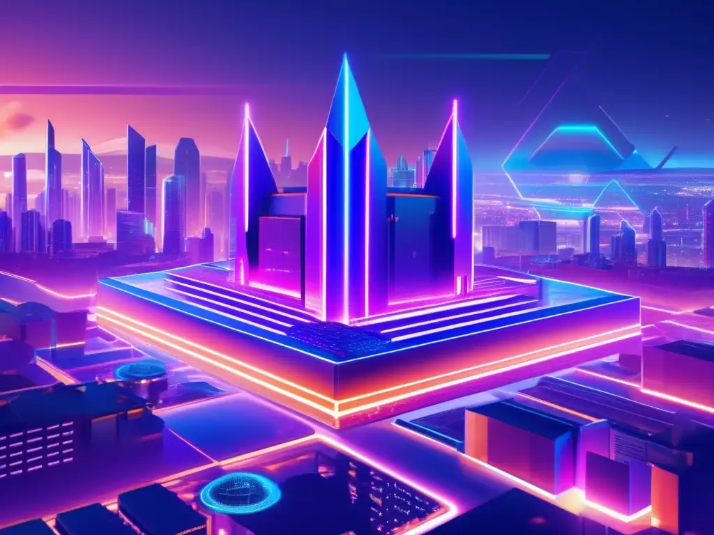 Fortaleza digital futurista en la ciudad nocturna Protección criptográfica contra hackeos en una fortaleza digital futurista rodeada de una ciudad vibrante y nocturna