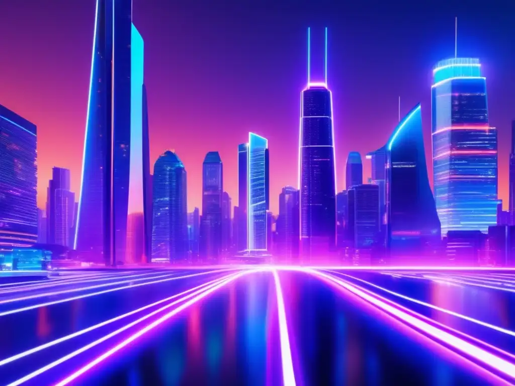 Ciudad futurista: rascacielos, luces de neón, criptomonedas Criptominería: Ventajas y desventajas de la industria y su impacto en la ciudad futurista