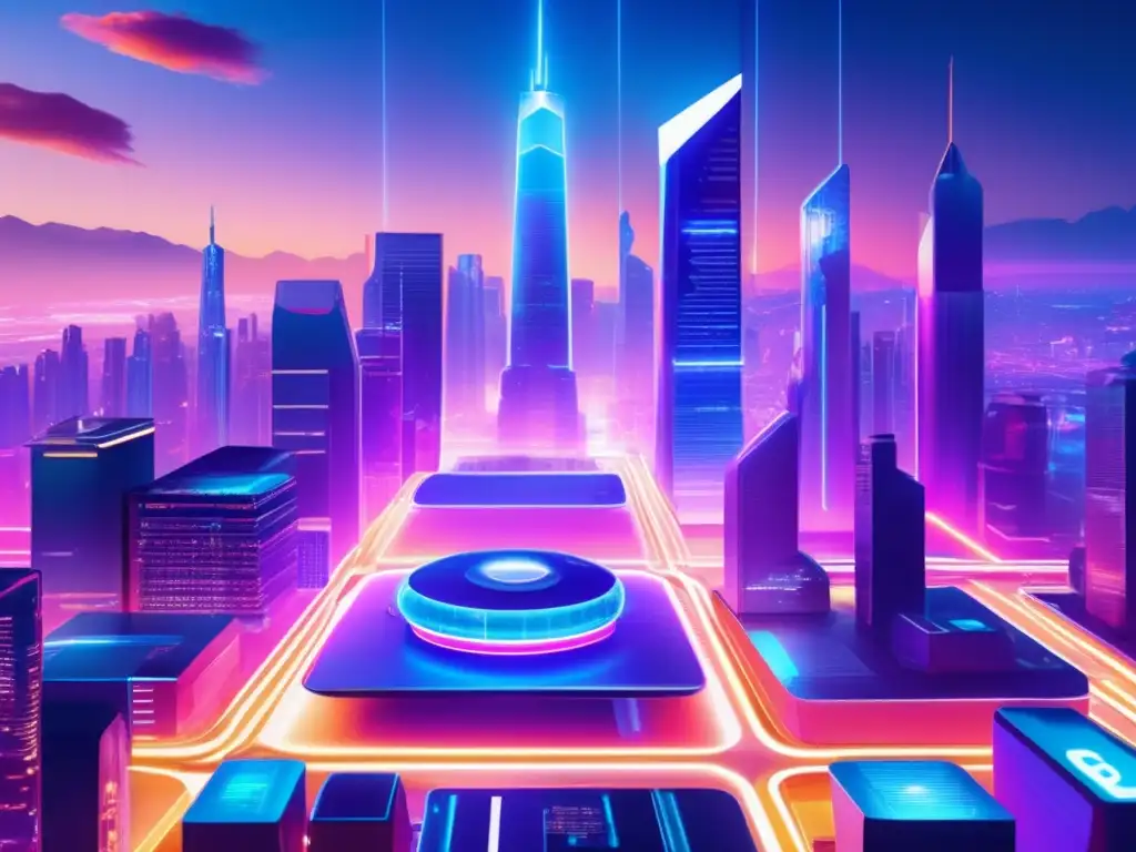 Futuro ciudad con rascacielos transparentes, criptomonedas y tecnología avanzada La evolución de las criptomonedas en una ciudad futurista con rascacielos de vidrio y metal, iluminada por luces de neón vibrantes