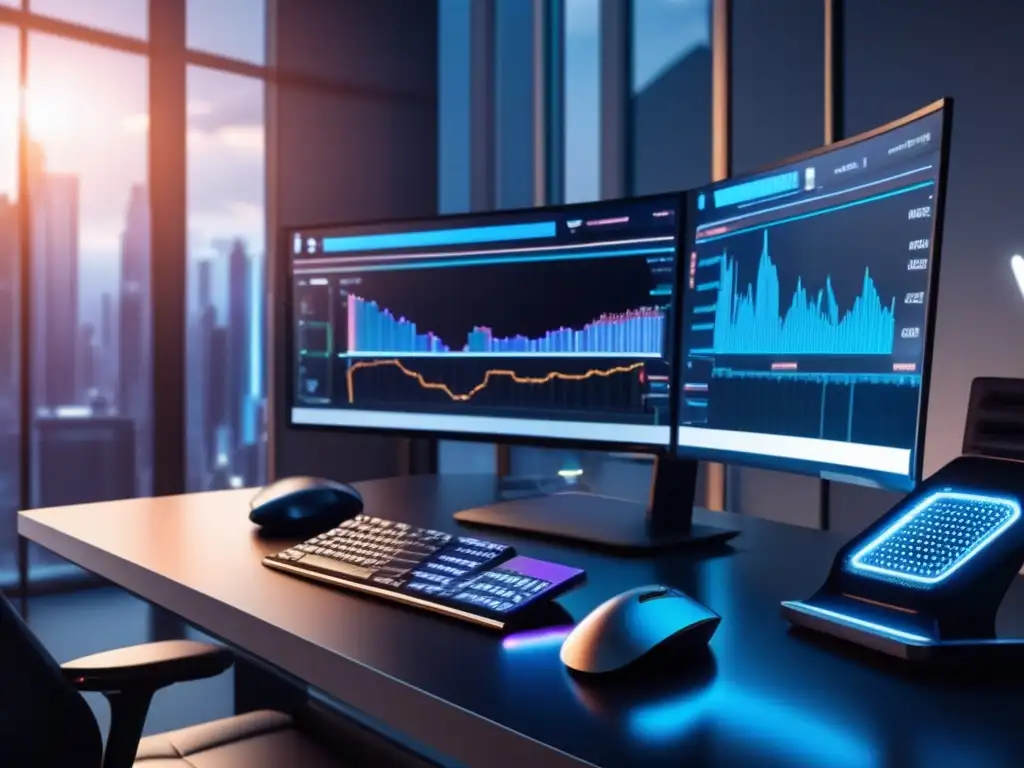 Espacio de trabajo profesional con tecnología y elegancia Gestión criptomonedas: Espacio de trabajo moderno y profesional con escritorio elegante, monitor de alta gama y silla ergonómica